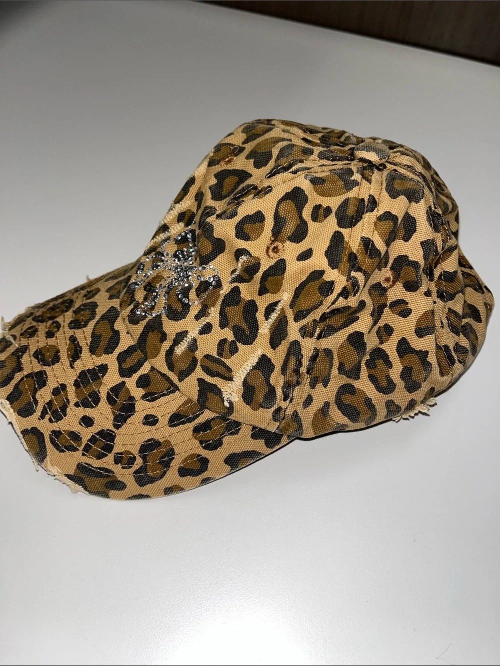 Source Unknown Distressed Leopard Print Cap with Rhinestone Bow